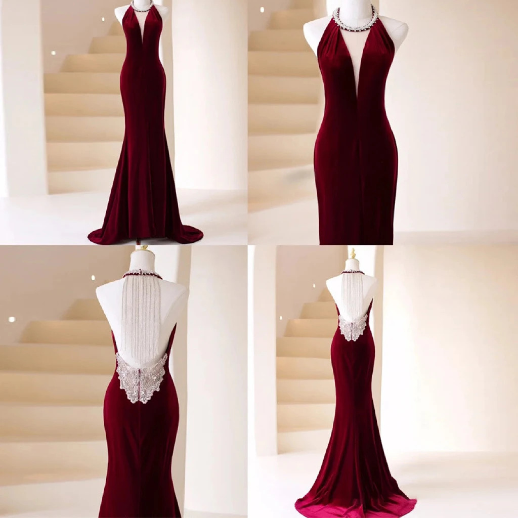 Velvet Elegant Evening Dresses Burgundy Halter Tassel Applique Sexy Backless Mermaid Diamond Split Party Bridal Toast Prom Gowns