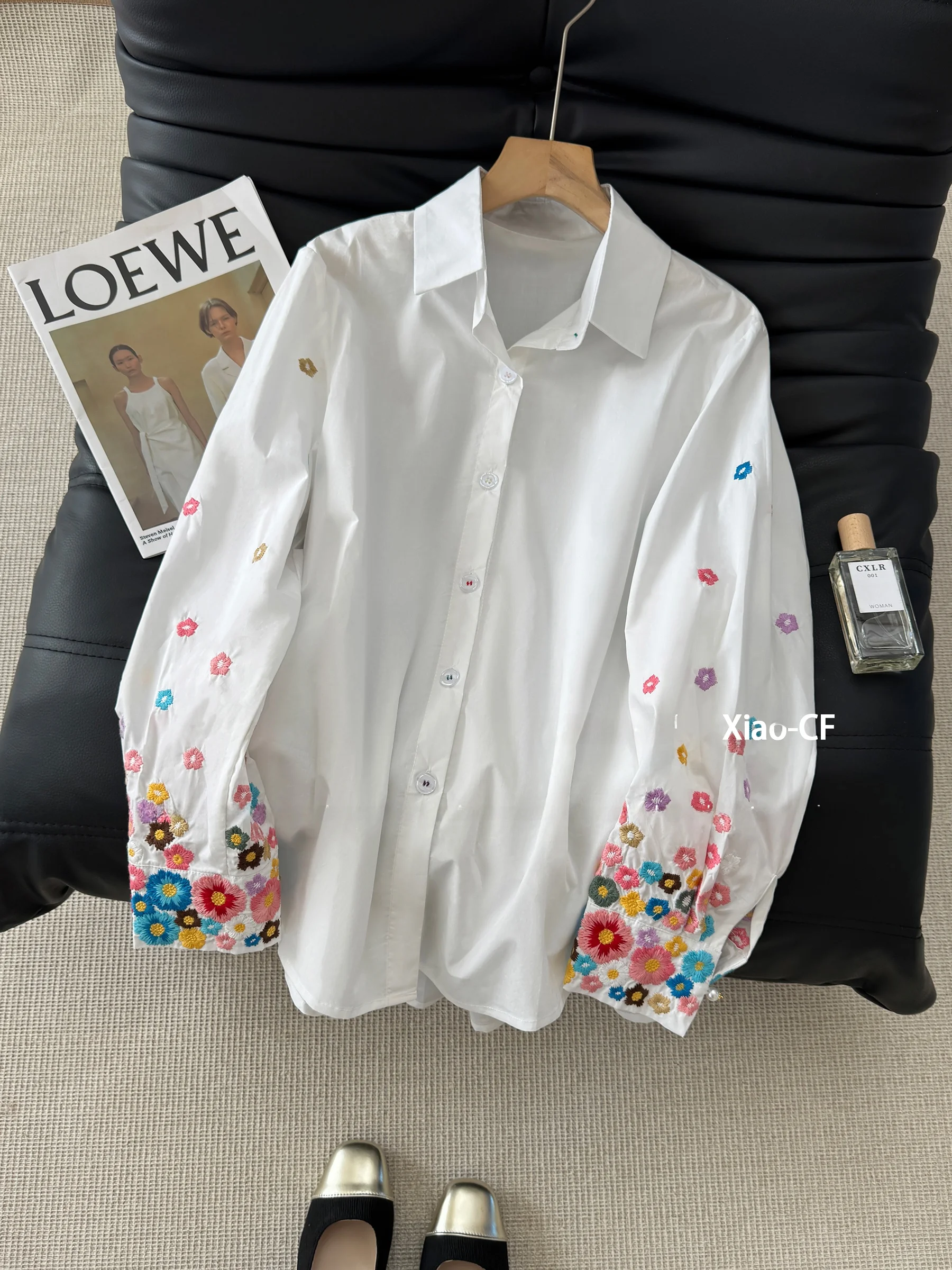 

New Chinese Style Floral Embroidery Collar Loose Women's Shirt Fashionable Autumn Top Layering Trendy Cotton Blend