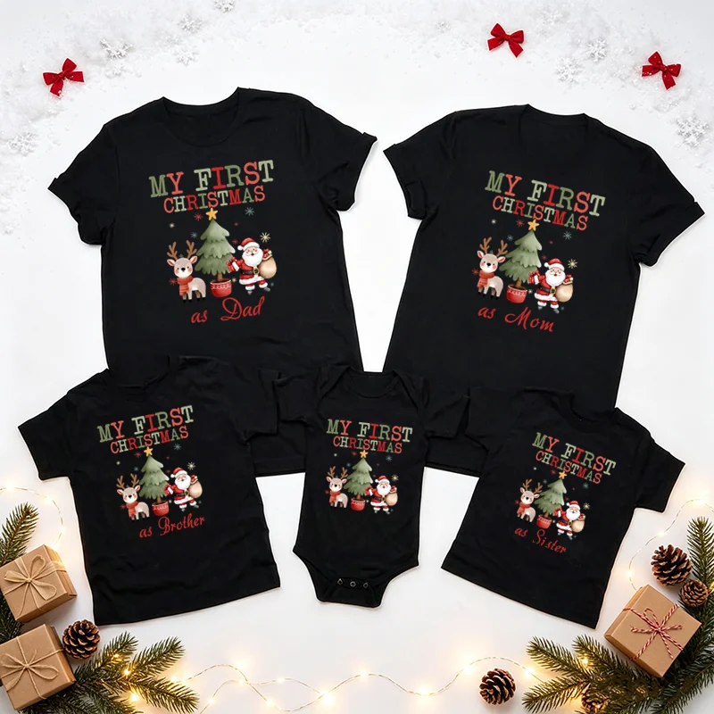 Family Matching Outfit My First Christmas As Dad Mom Bro Sis Santa Tree Graphic T Shirts Baby Bodysuit Family Photo Shoot Cloth