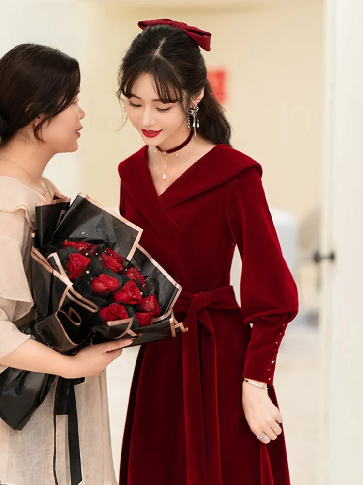 

Ele Red Wedding Dr for Women mid Waist Long Sve V Ne a Line Skirt Wedding Ceremony Dr Suitable for Various Occ...