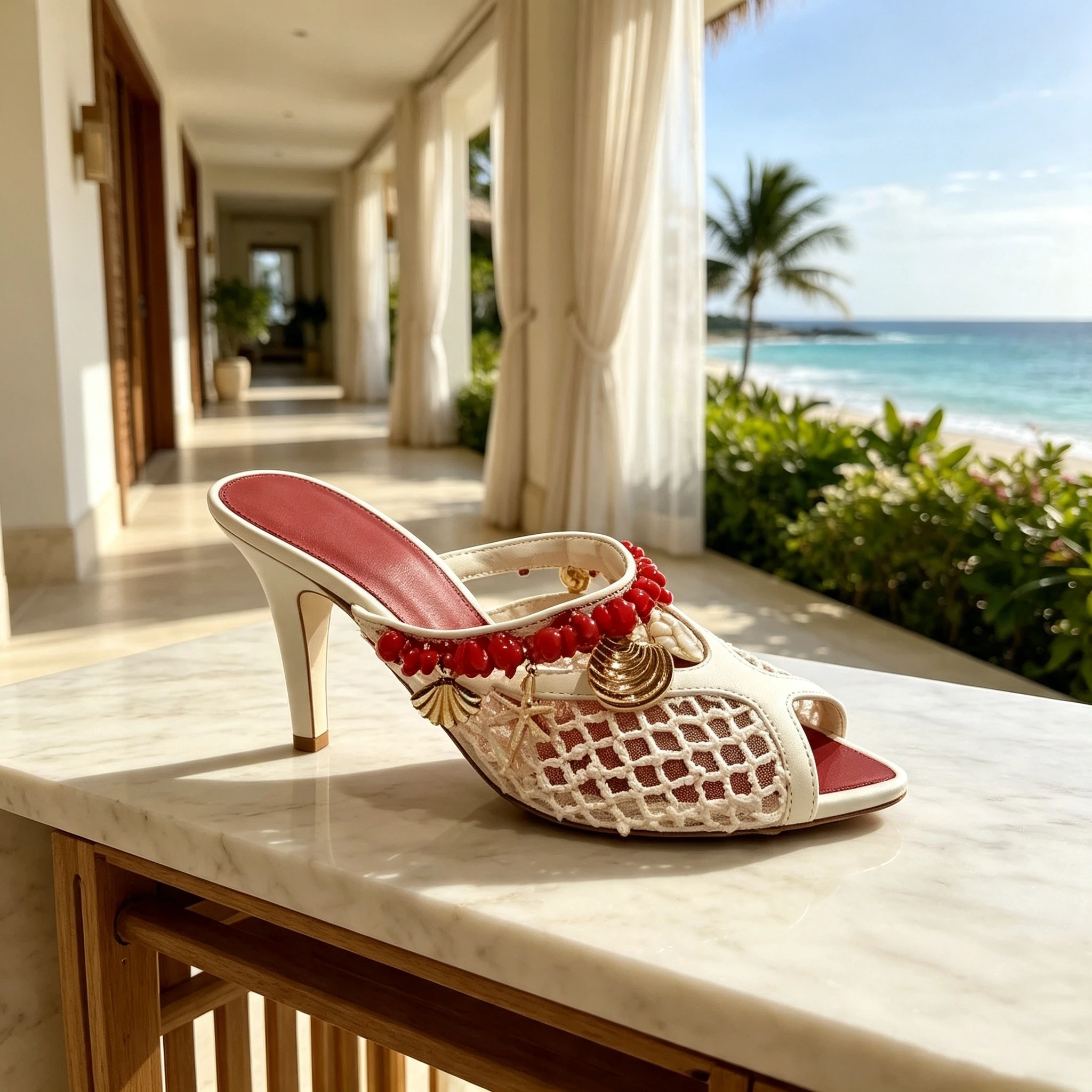 Boho Women Mesh Open Toe Mule Wedge Heels Coral Bead Starfish Seashell Decor Slip On Summer Beach Resort Party Sandals F370