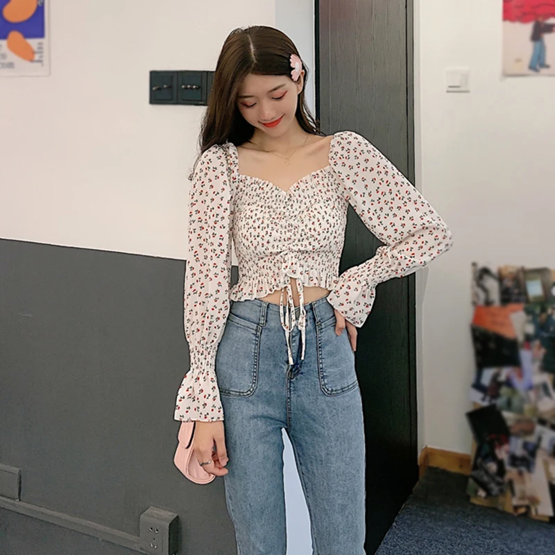 Blouse Square Collar Women Floral Print Dopamine Puff Long Sleeves Chiffon Blouse Sweet Slim Crop Top Spring