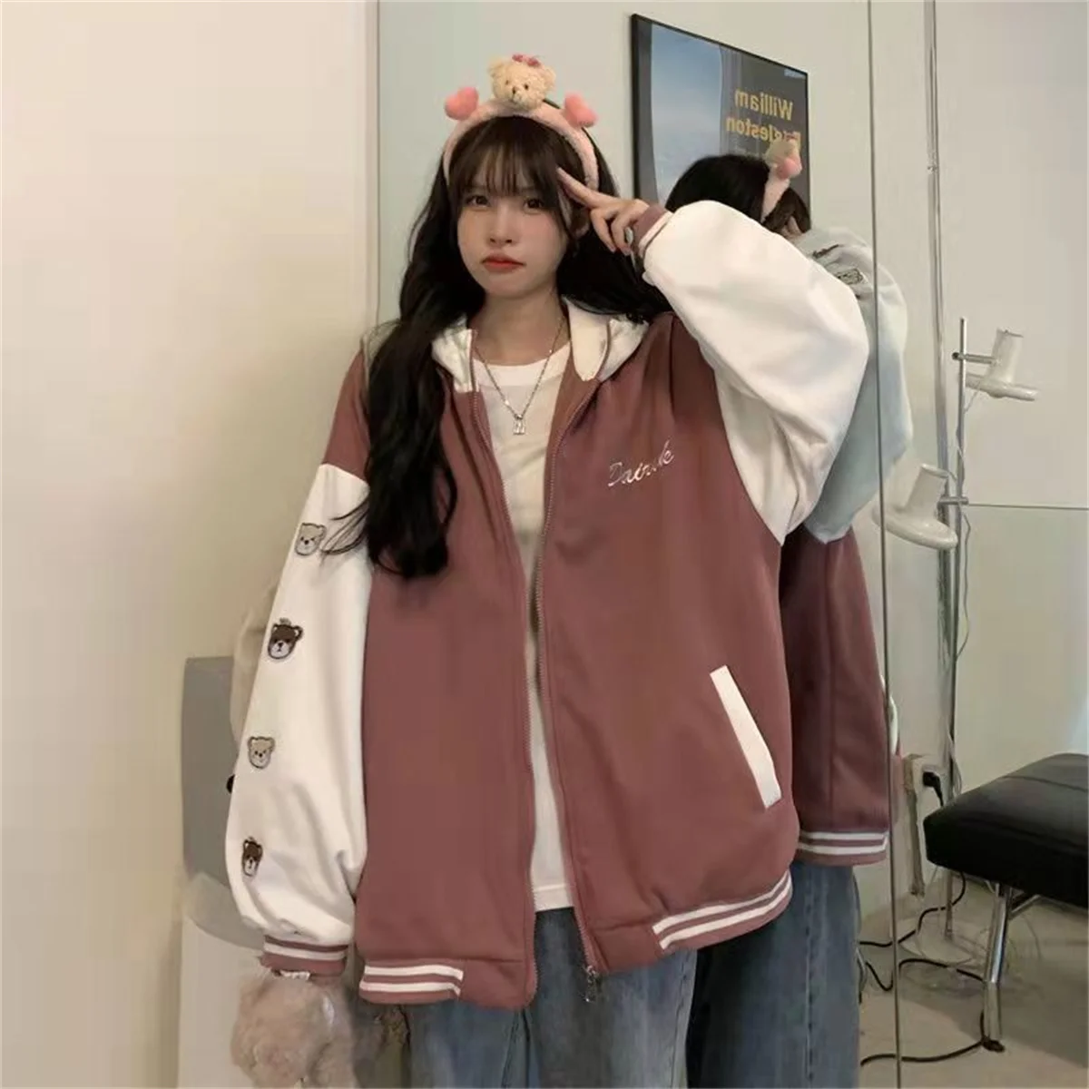 Fashion New Polychrome Cartoon Pocket Zipper Hoodie Women Harajuku CuteOversized Hooded Sweatshirt 2025 Popular Streetwear
