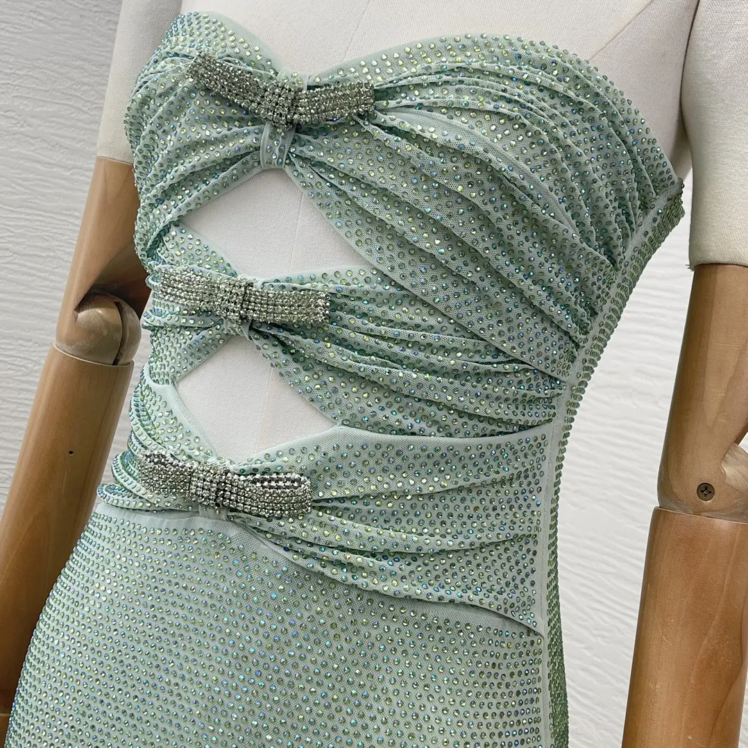 Vestido maxi de tubo sem mangas feminino, diamantes verdes recortados dobras, qualidade superior, luxo, última coleção, para festa, 2023