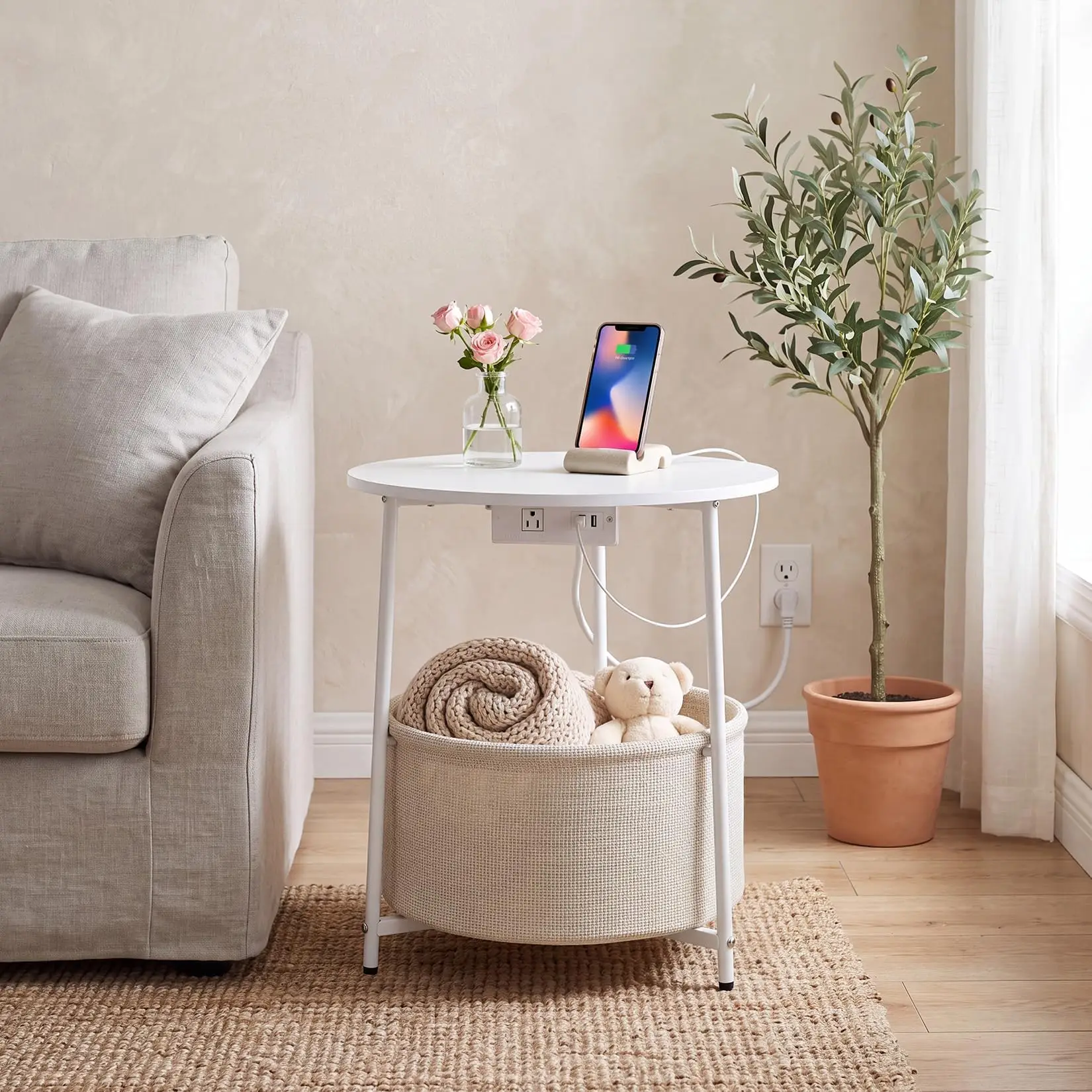Round Wooden Side Table With Woven Storage Basket And Built-In Power Outlet, Modern Nightstand For Bedroom, Living Room Sofa End Table