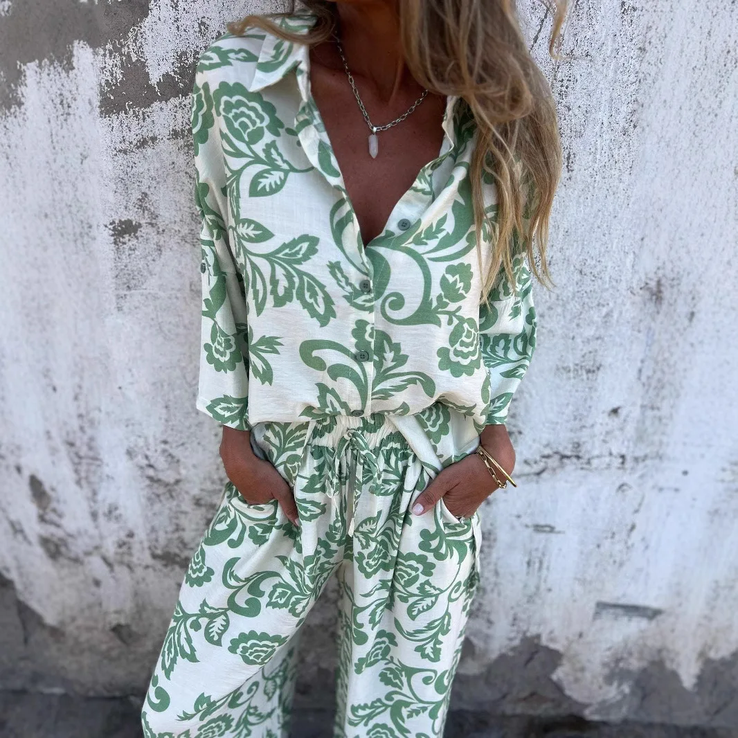 

Two Pieces Women Pant Sets Print Matching Sets Single Breasted Turn Down Collar Shirt Drawstring Full Length Pants 2025 Autumn