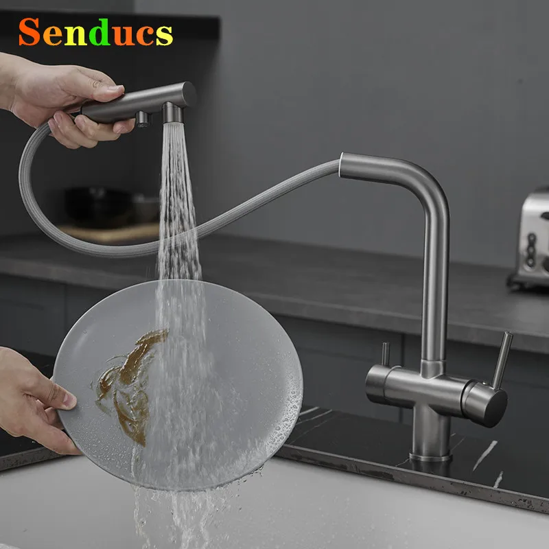Hot Cold Pull Out Filter Kitchen Faucets 3 Ways Pure Water Pull Down Kitchen Sink Mixer Tap Solid Brass Filter Kitchen Faucet