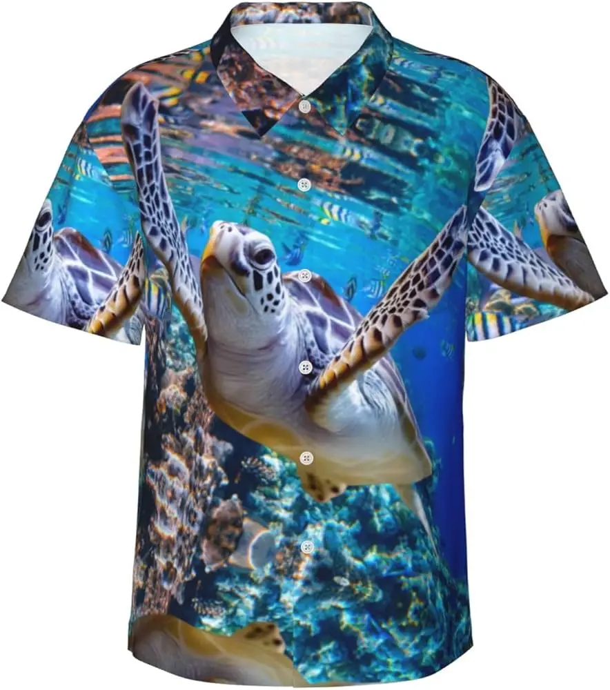

Short manga shirt with turtle print and animals from the retro ocean for men, informal street shirts for