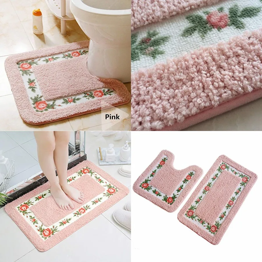 

Non-Skid Floral Rose Bathroom Contour Rugs, Set of 2 Soft Shaggy Non Slip Bath Shower Mat and U-Shaped Toilet Floor Rugs