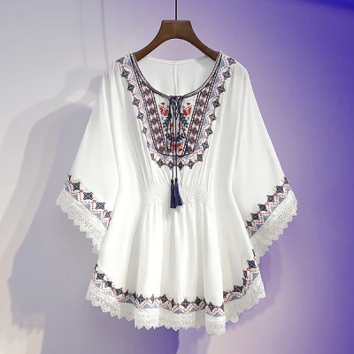 

plus Size Summer irt Women's Loose Fro Design Casual Long Sve round Ne Polyester Fiber Top for Heavy Women