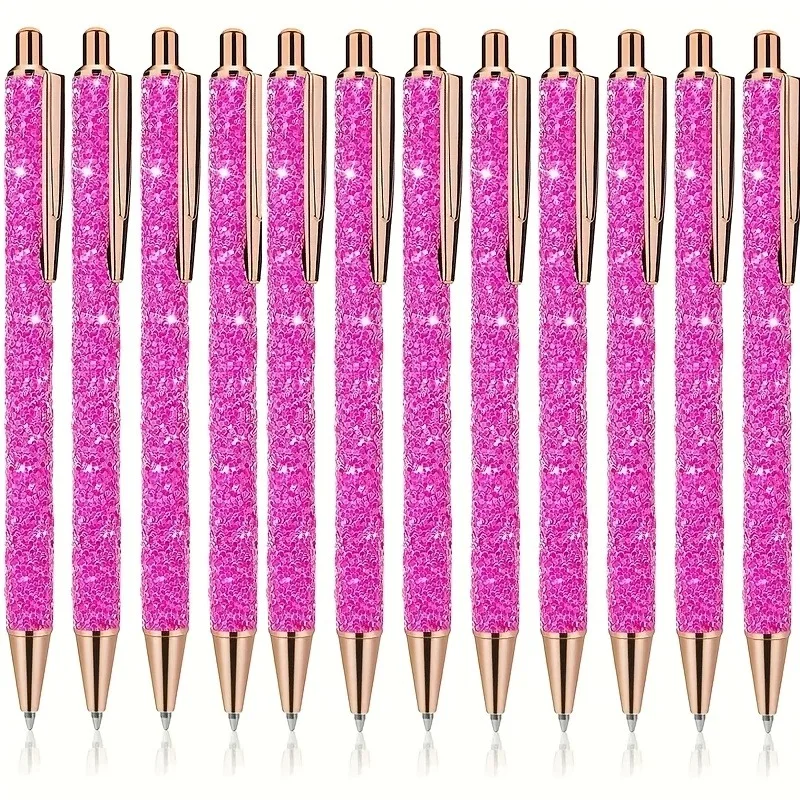 Stylo à bille rétractable en métal or rose, 1.0mm, noir à paillettes, papeterie scolaire, cadeau pour enseignant, collègue, étudiant, 12 pièces