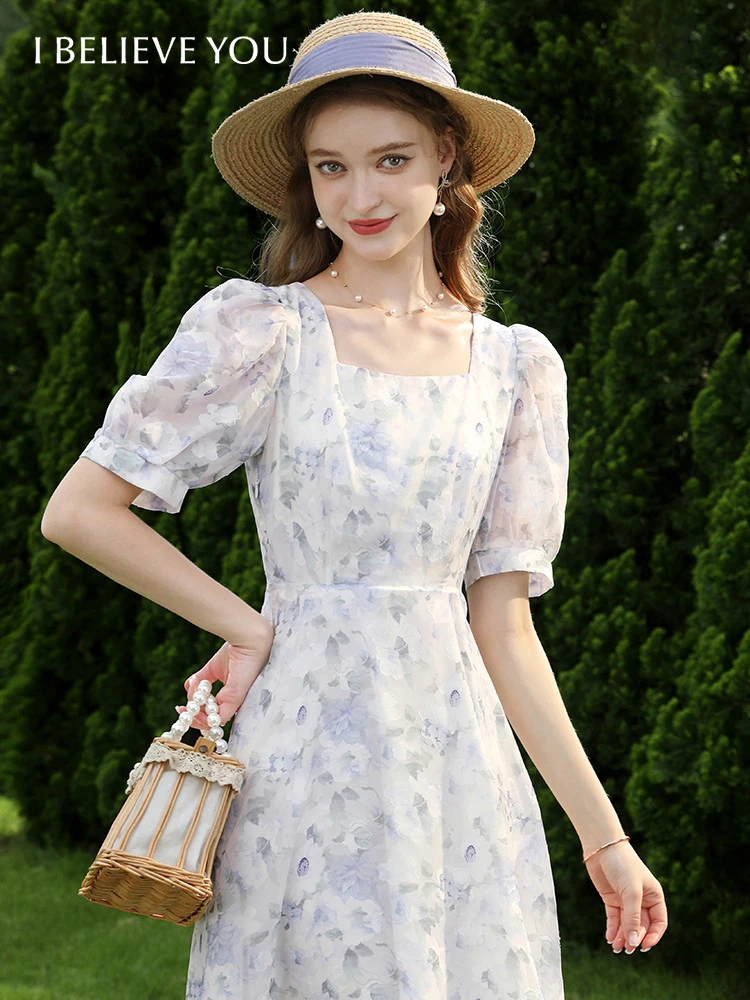 

I BELIEVE YOU Chiffon Dress French Gentle Floral Square Collar Puff Sleeve 2023 Summer Dresses A Line Female Vestidos 2232095203