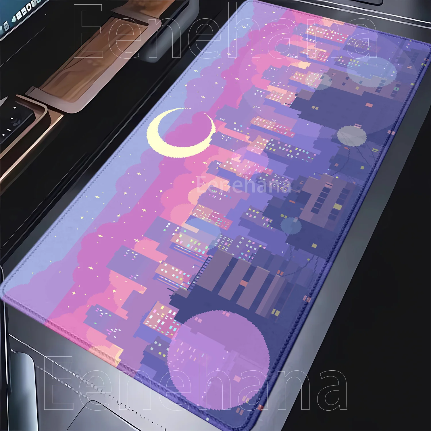 Pixel Style Moon Cloud City Mousepad Gaming-Mauspad Computertastatur HD-Druck Bürozubehör Overlock-Spiel-Schreibtischunterlage