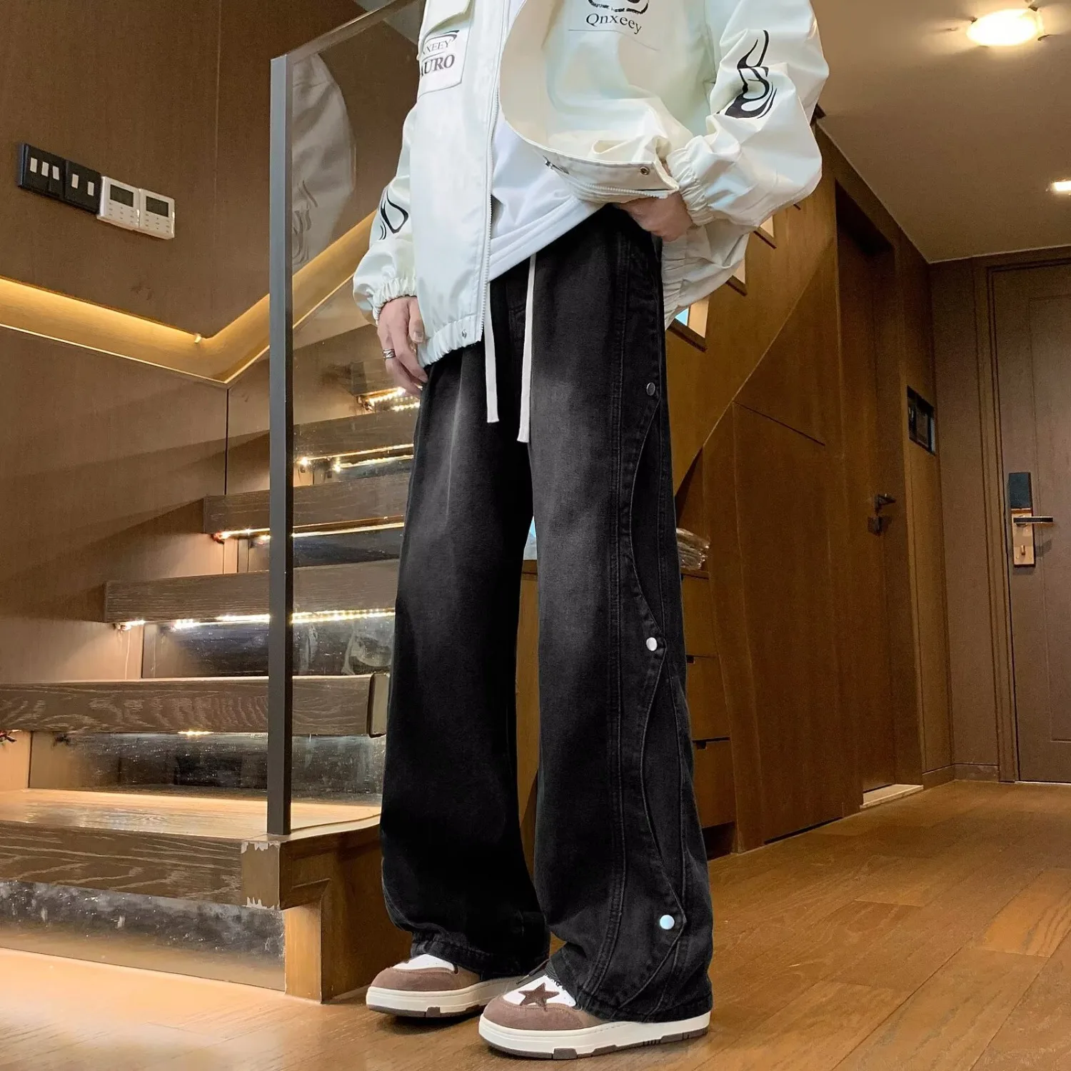 

Bla Свободный крой, повседневные мужские джинсы с высокой талией, прямые брюки, износостойкие, осень-зима, большой размер 250, джинсовая ткань с талией