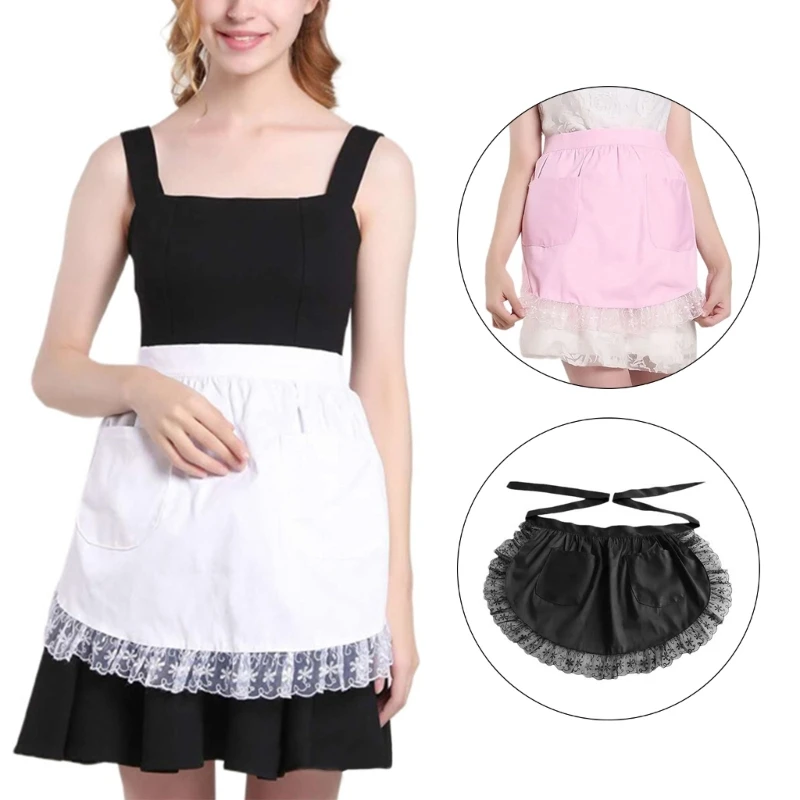 Maid Costume Apron with Pocket, Half Apron Waitress Servant Costume Apron Kitchen Cooking Baking Apron Ruffled Apron