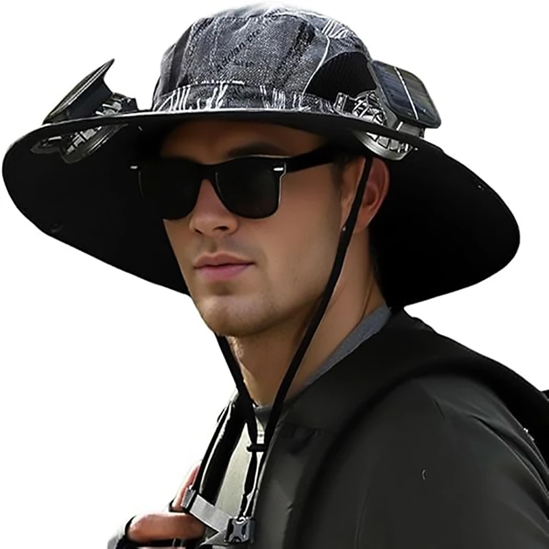 

Outdoor Wide Brim Sun Hat with 2 Solar Fan Sun Bucket Hat for Men Women Fishing Hiking Gardening