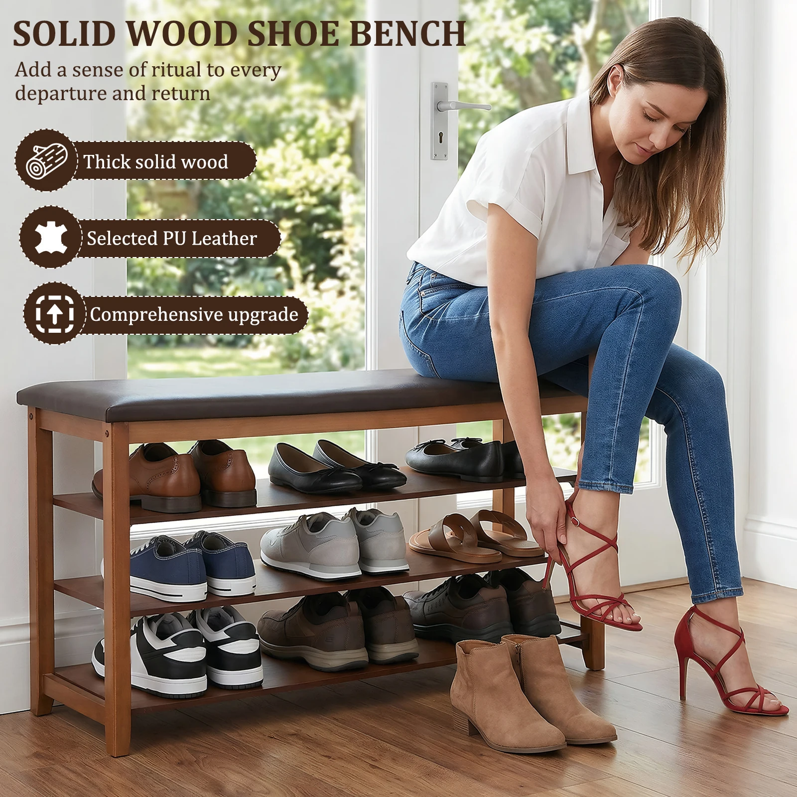 Shoe Bench with PU Leather Cushion 3-Tiers Entryway Bench Height Adjustable Ideal for Front Doors Entrances Hallway Mudroom