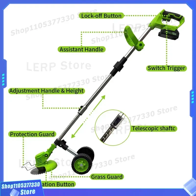 21V Cordless Lithium Battery Lawn Mower Handheld Electric Trimmer with Wheel Brush Cutter Garden Grass Cutting Tool for Yard
