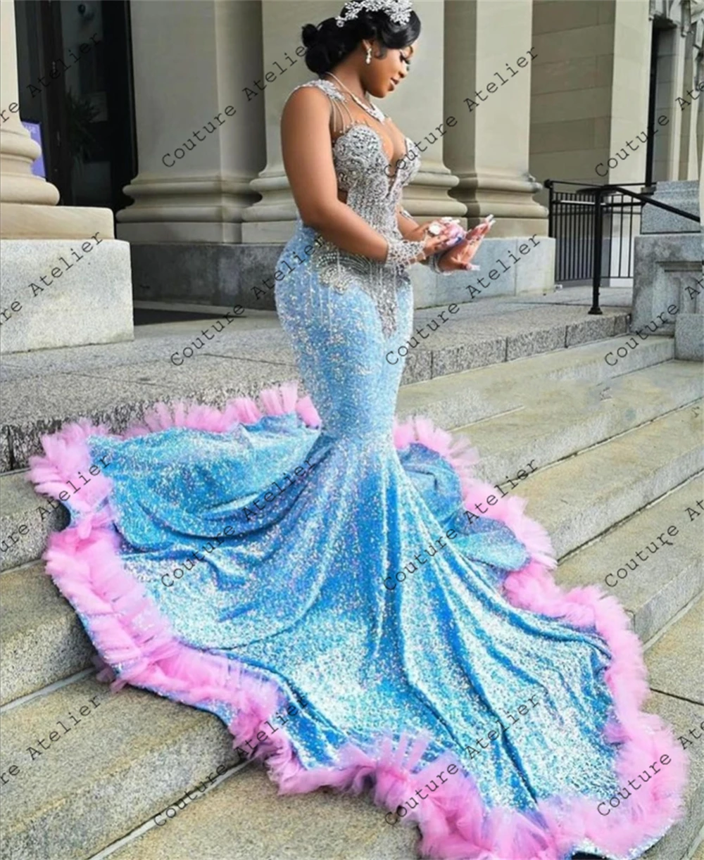 Pink Tulle Ruched Train Blue Sequin Mermiad Prom Dresses Crystal Sparkly Dress Evening Dresses Long Luxury 2024 Party Gown