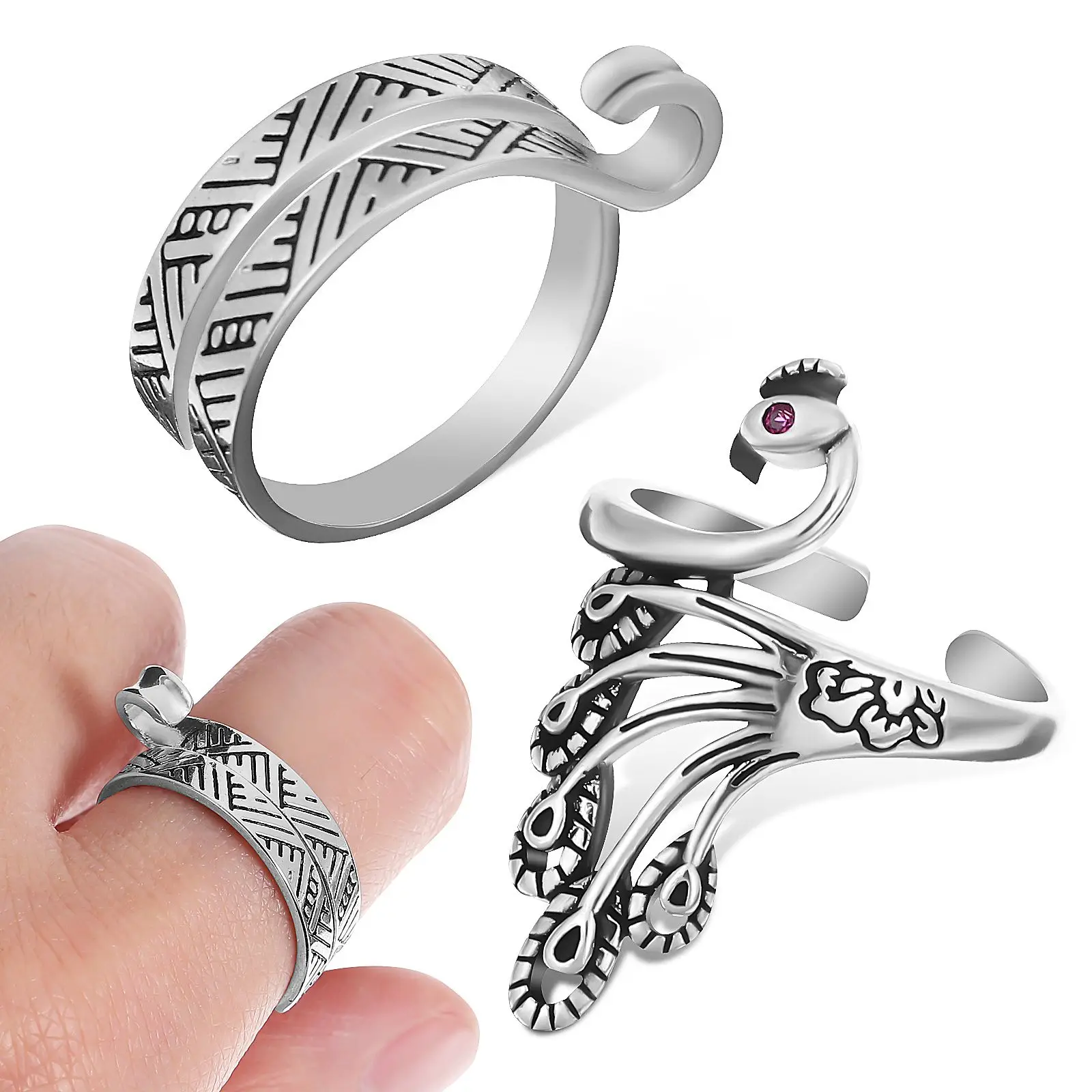 

2Pcs Crochet Yarn Guide Rings Knitting Ring for Fingers Adjustable Peacock Striped Silver Tone Sewing Tools Accessories