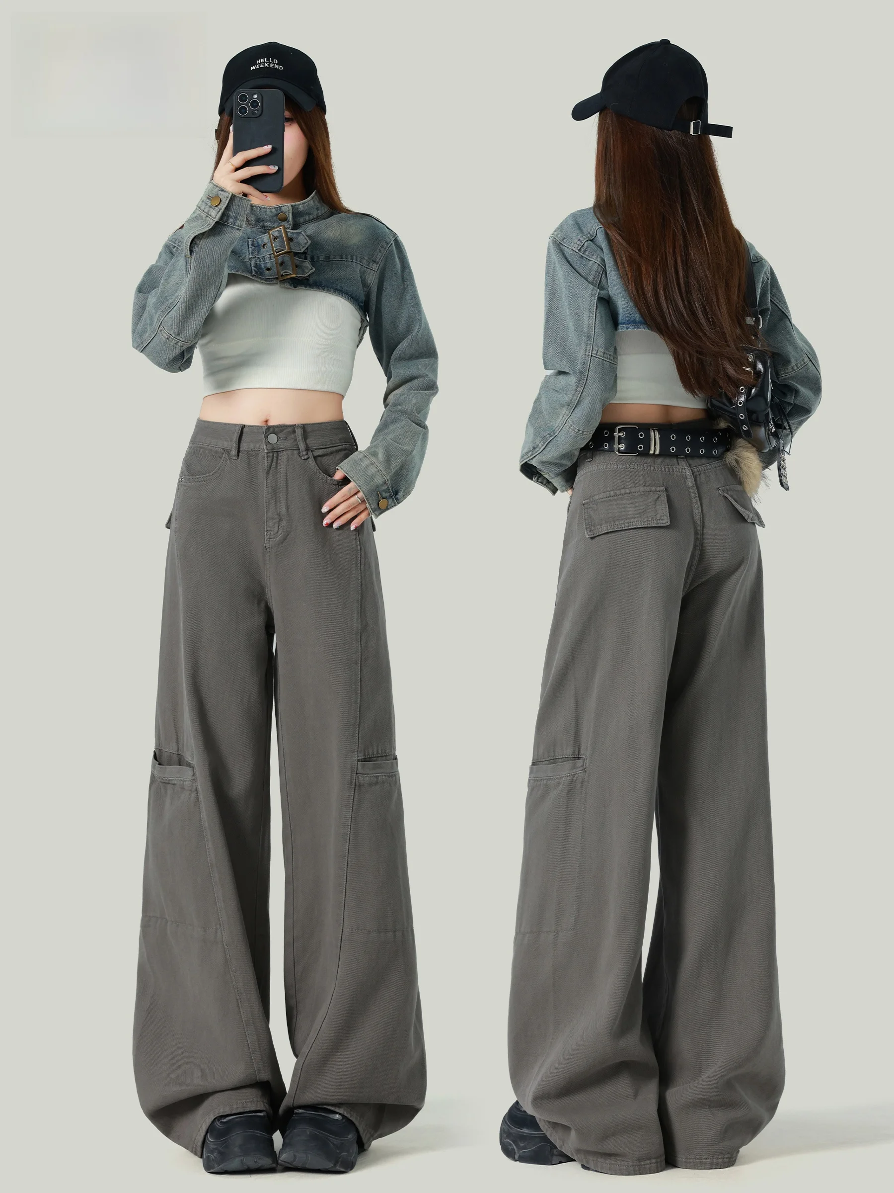 

American Style High Waist Workwear Jeans Women Loose Straight Leg Wide Leg Pants Trousers Casual Wear Button Closure Denim