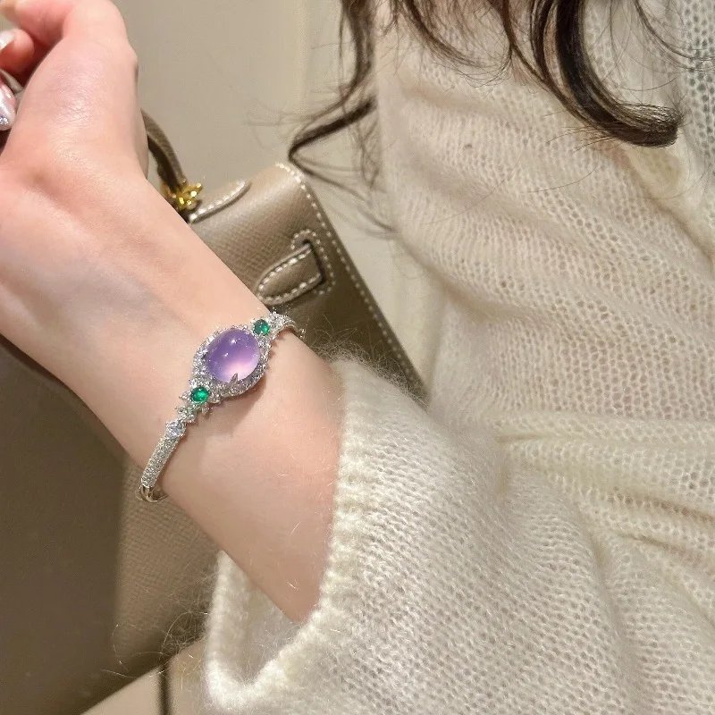Natural Ice chalcedony Violet Bracelets for Women New in romantic inlay Diamonds Rows Luxury bangles wedding jewelry