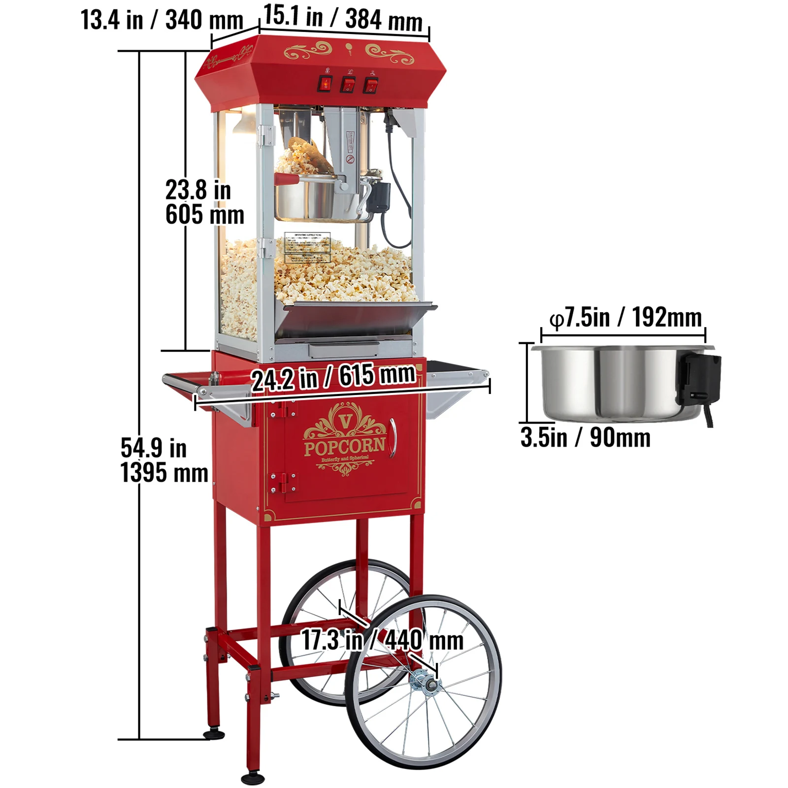 SucceBuy Popcornmaker met kar 8 Oz waterkoker maakt 48 kopjes per batch Popcornmaker Uitgerust met gehard glas Inclusief 4 scoops