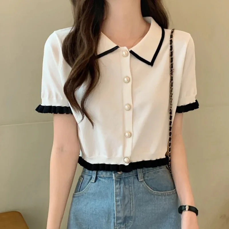 Women Shirt Knitted Short Sleeve Cute Frilled Pearl Button Collared Blouse Shirt Female Summer Crop Tops French Chic Outfit - view 4