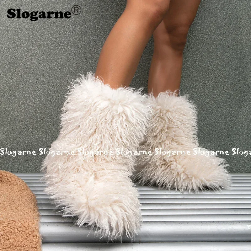 New Winter Boots Furry Shoes Women Teddy Fur Snow Boots Fluffy Warm Faux Wool Boot Plush Fashion Boots Ladies Mongolian Fur Boot