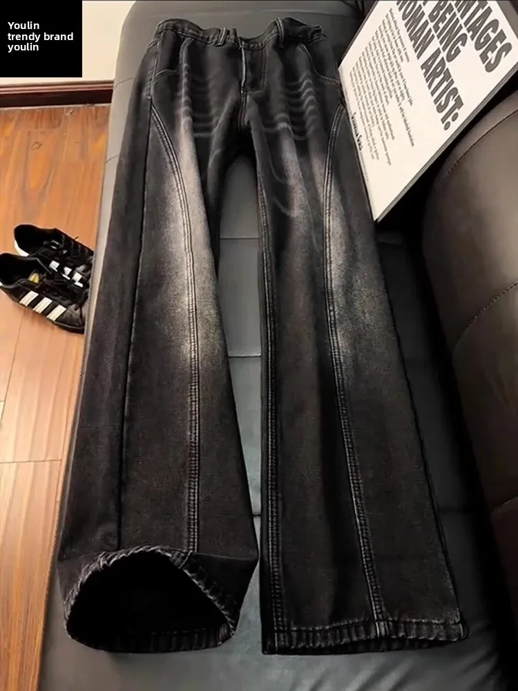 

Bla Slanted Cut Knife Jeans Men's Winter Fce Slim Straight Micro Flare Pants American High Street Sle Youth Faion
