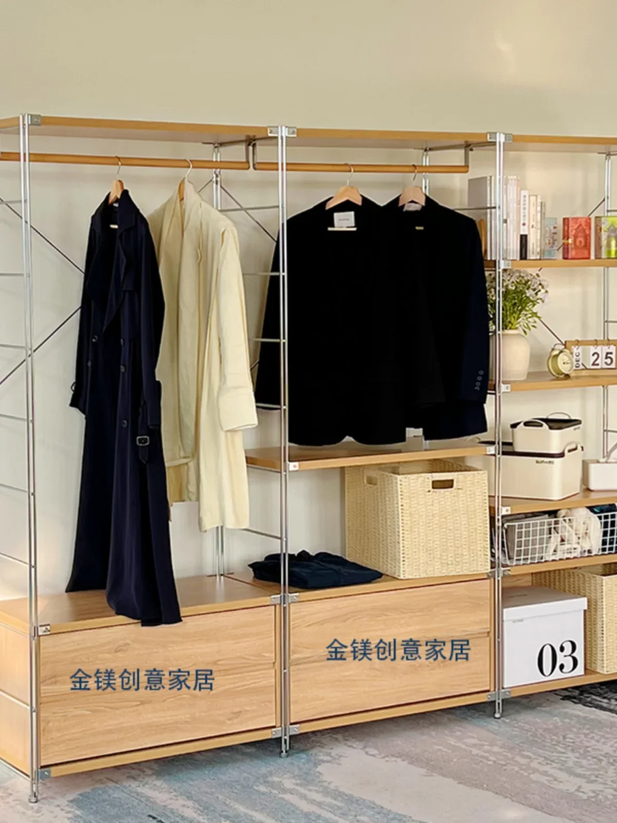 Simple stainless steel shelf wardrobe floor-to-ceiling open storage household hanging clothes multi-layer