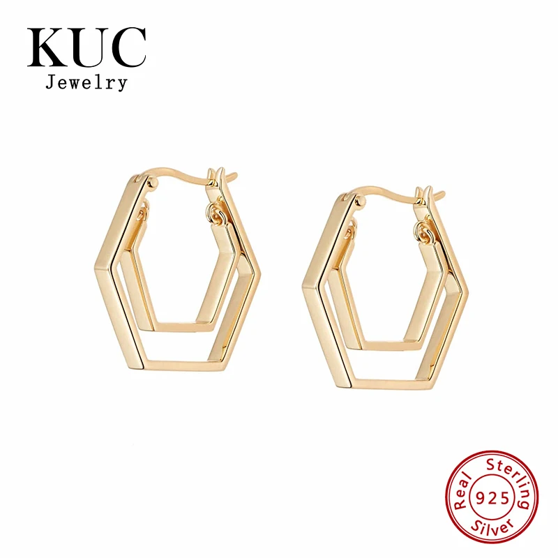 

Fashion Custom Latest Trendy 925 Sterling Silver 18k Gold Plated Fine Jewelry Double Hexagon Huggie Hoop Earrings