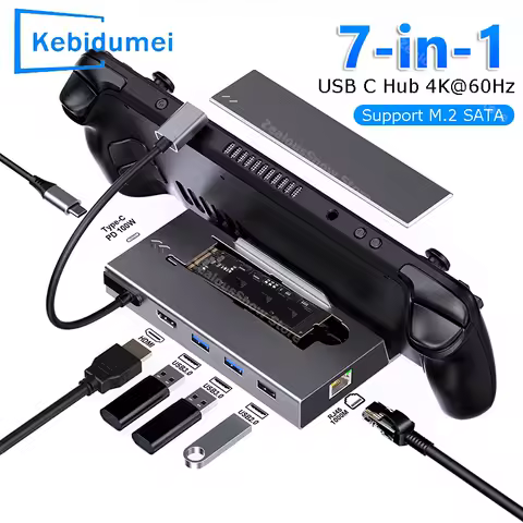 7-in-1 USB C Docking Station for Steam Deck Nintend M.2 SSD Type C HUB 4K@60Hz RJ45 Gigabit PD 100W USB 3.0 HUB Holder Dock