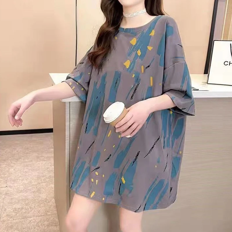 

2023 Women's Clothing Printing Geometric Fashion Casual Pullovers Loose Round Neck Comfortable Summer Thin Short Sleeve T-Shirts