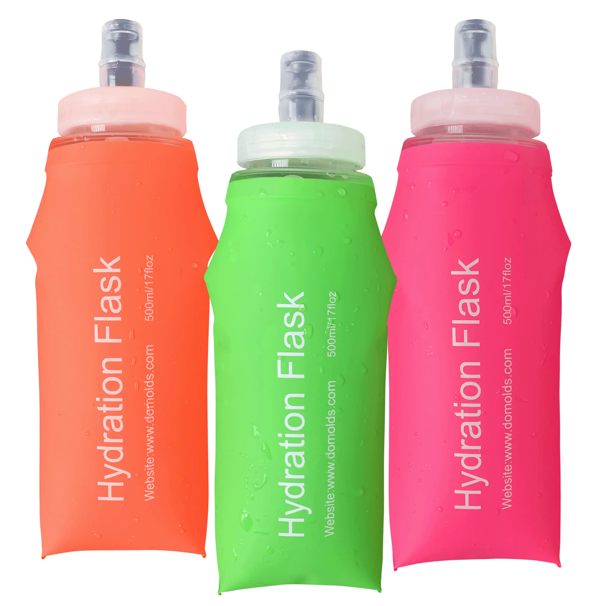 Water Bottle Green Orange Pink Wide Opening 500ML Water Flask Soft TPU Flask for Maraton Running, Hiking, Camping, Travelling