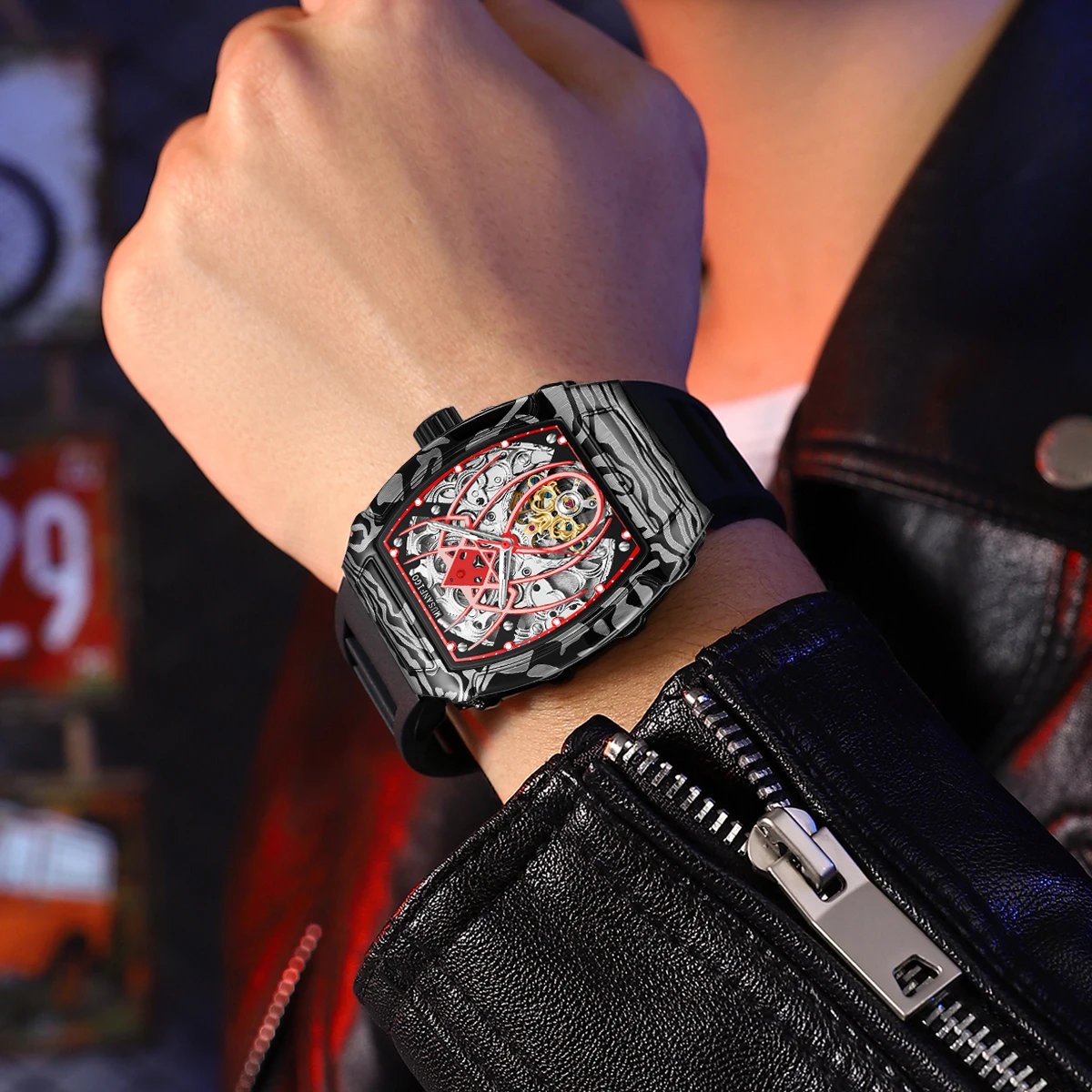 MUSANFIGO Spider hollow-out design luminous silicone strap automatic mechanical watch fashion men's national watch