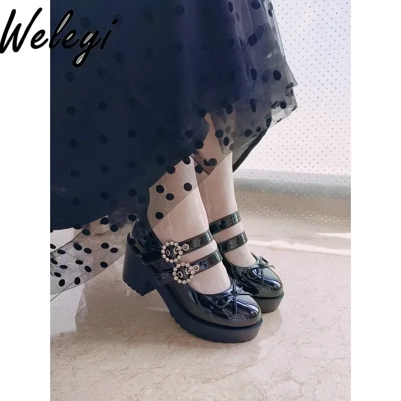 

Japanese Sweet Mine Black Pu Shoes Woman Lolita Mary Jane Lolita Rhinestone High Heel INS Retro Women's Waterproof Single Shoes