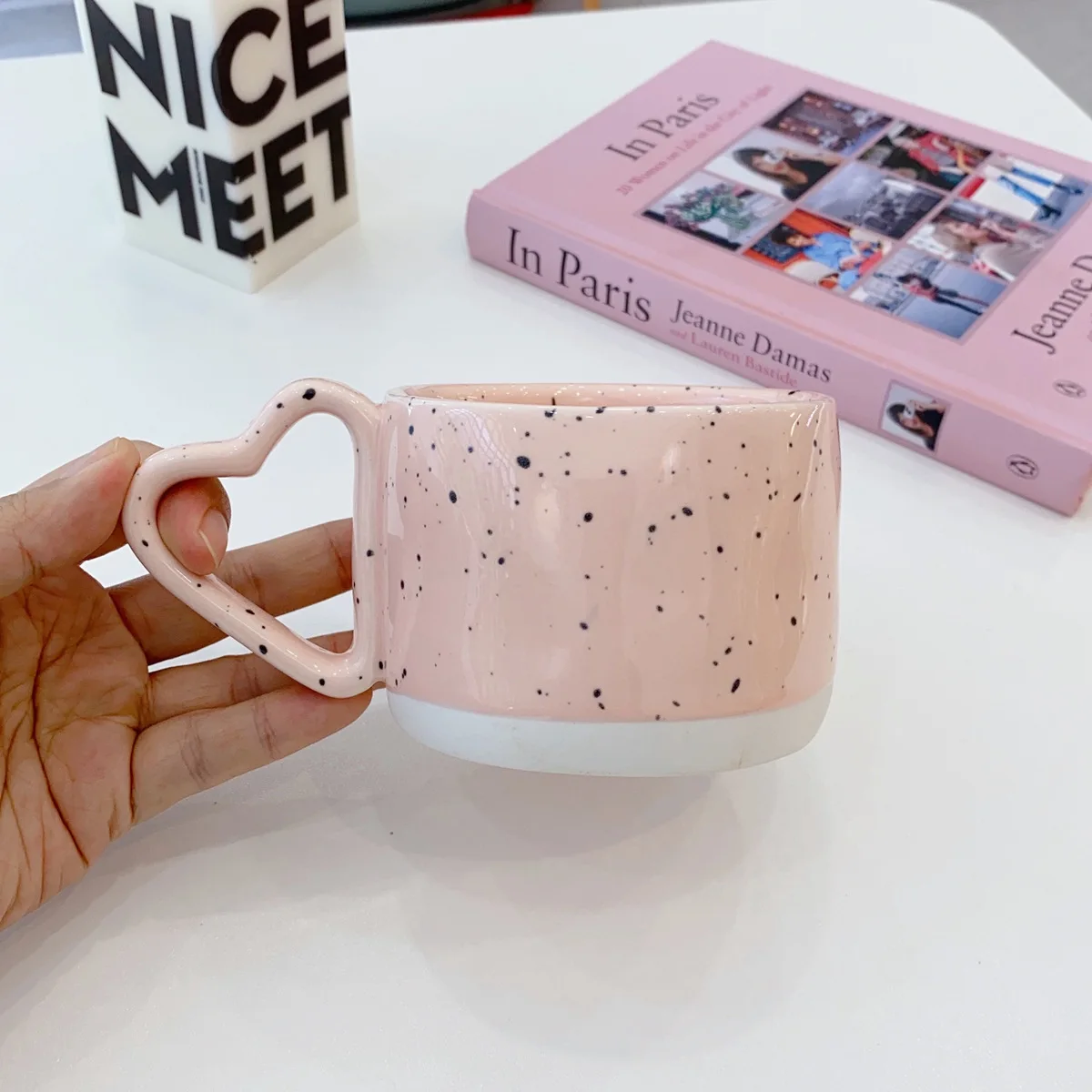 Mug Korean Heart Handle Splash Ink Ceramic Mug High Appearance Level Macaron Color Water Cup Creative Couple Cup Christmas