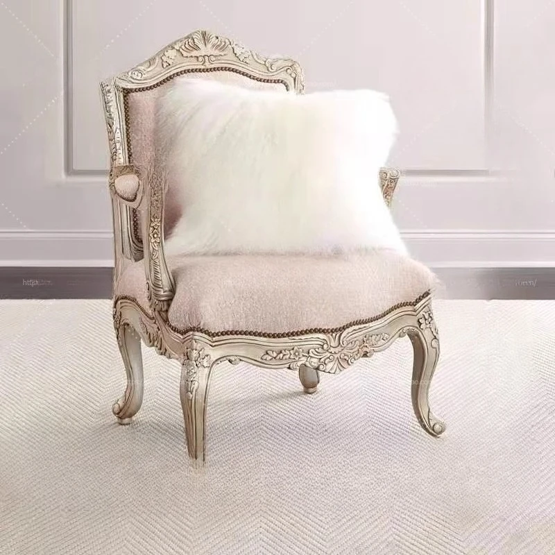 

French solid wood single sofa, neoclassical carved solid wood sofa chair, American country fabric single leisure chair
