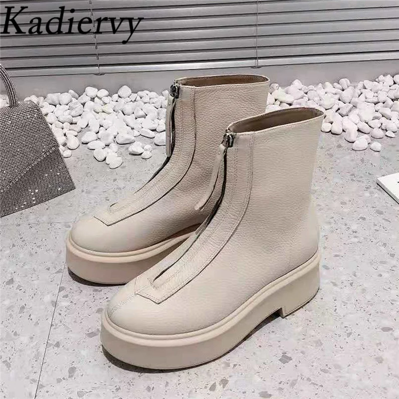 Hot Sales Motorcycle Boots Woman Round Toe Front Zipper Ankle Boots Flat Platform Shoes Women Suede Leather Short Boots Women