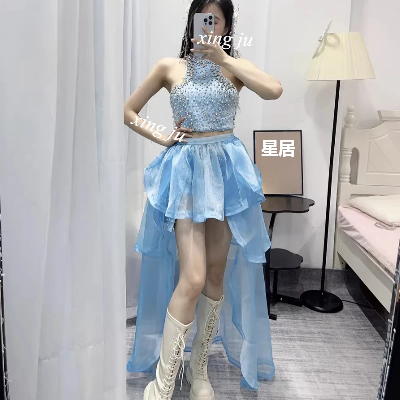 Korean Women Group Kpop Concert Costume Stage Dance Shiny Halter Vest Crop Tops Slim Shorts Skirt Jazz Dance Performance Outfits