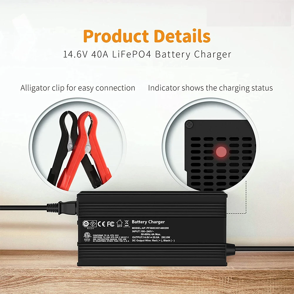 14.6V 40A Lithium Battery Charger for 12V 4S LiFePO4 Lithium Battery AC-DC Smart Charger for 12.8V LiFePO4 Lithium Batteries RV