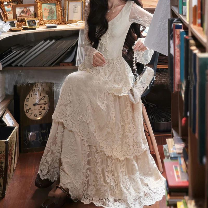 Elegante luxo vintage três camadas torre rendas vestido de festa cerimônia vestido plissado com decote em v longo grande bainha vestidos para mulher 2025