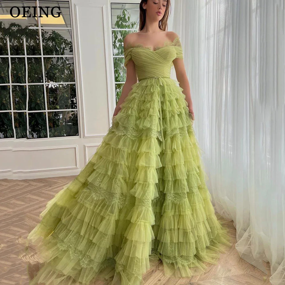 OEING Princess Off The Shoulder Prom Dresses Elegant Tulle Tiered Evening Gowns Formal Wedding Party Dress Vestidos De Gala