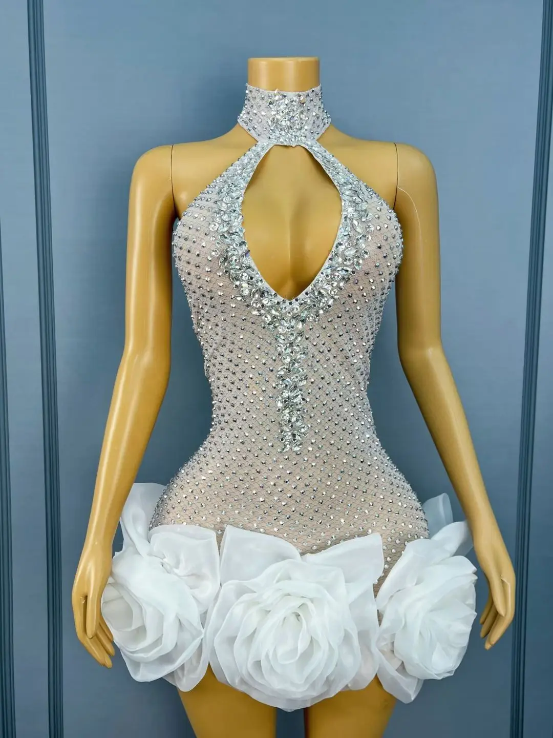 Wanghua-vestido de noche elegante para mujer, falda con brotes de flores en 3D con diamantes de imitación, traje de actuación de barra hueca Sexy, vestido de fiesta de boda
