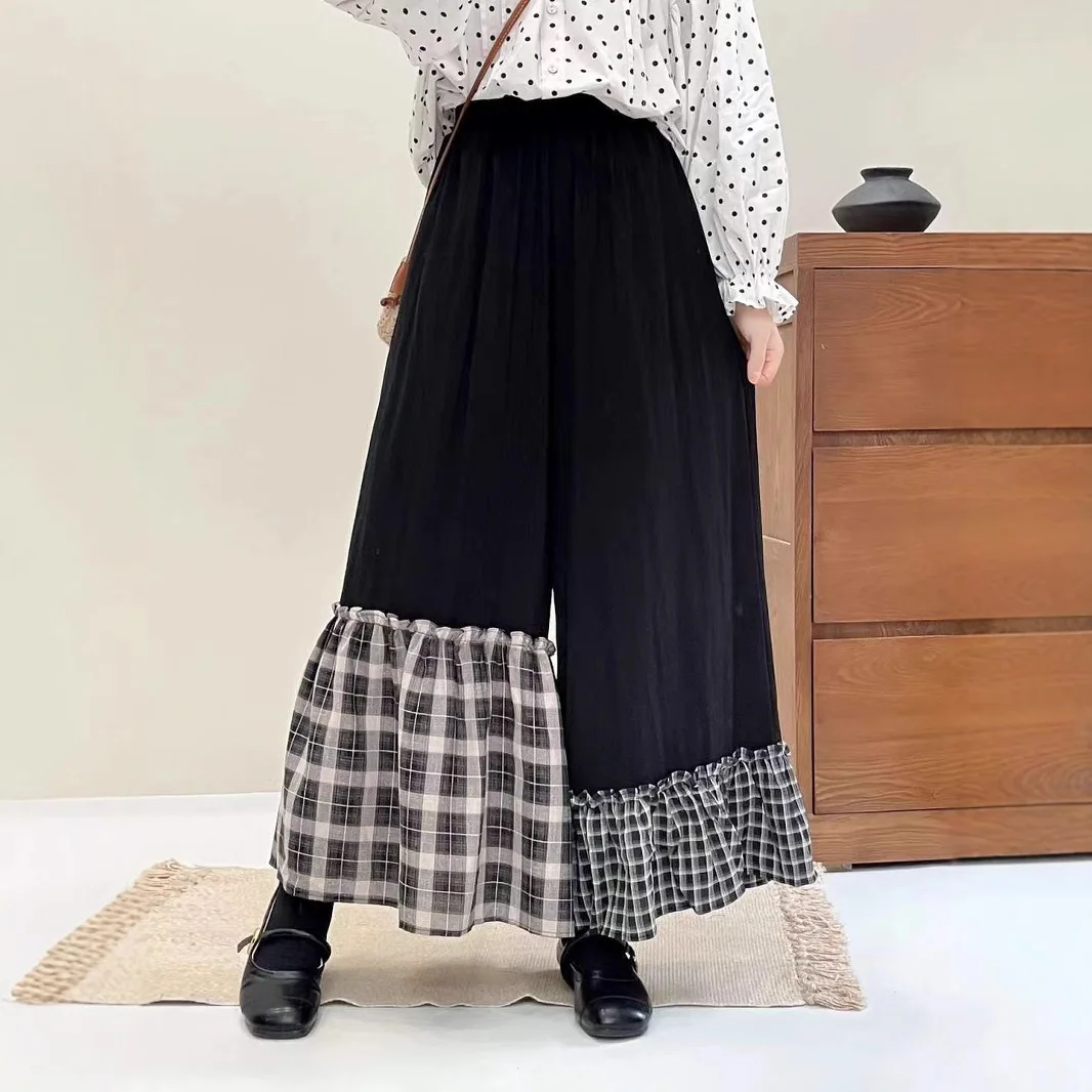 Mori Girl Vintage Plaid Ruffled Hem Patchwork Wide Leg Pants Women Spring Summer Elastic Waist Casual Loose Pants