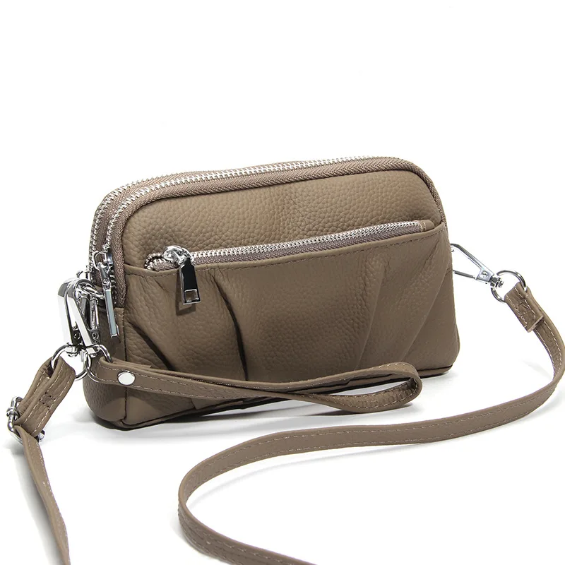 

Women's Genuine Leather Pleated Crossbody Bags - Compact Double Zipper Mini Shoulder Bag, Portable Wristlet Purse for Daily Use