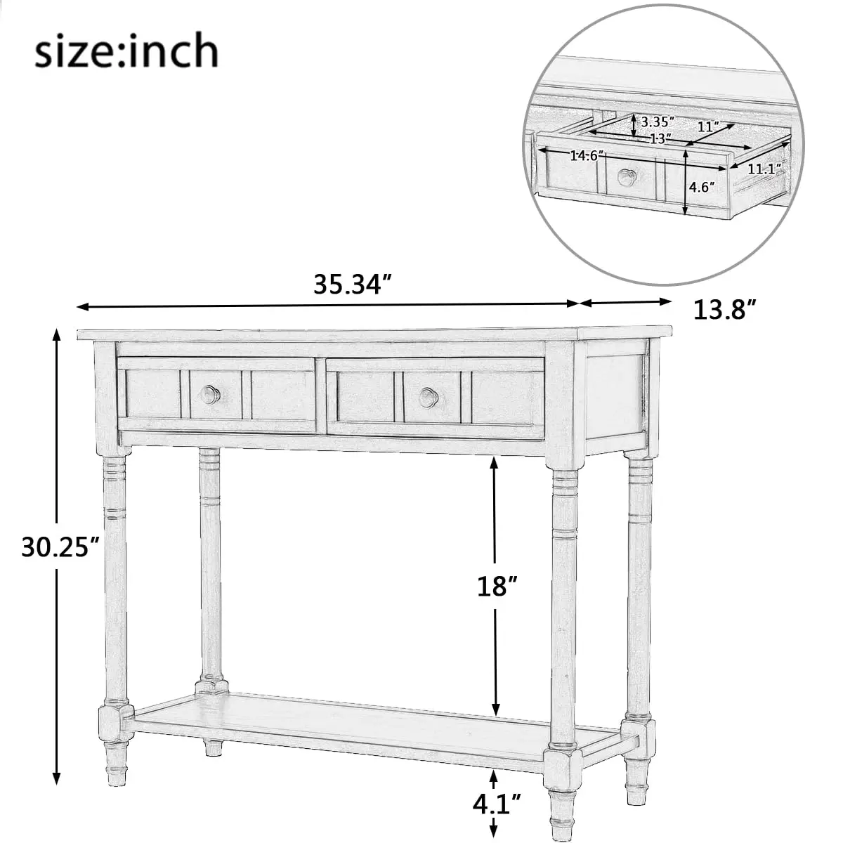 Traditional Console Table 2 Drawers & Bottom Shelf, Solid Pine Wood Entryway Table, Vintage Carved Design, Easy Assembly, Custom