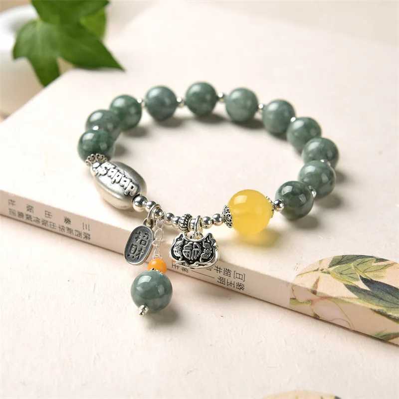 Chinese Style Blue and Flower Jade A Goods Single Circle Bracelet Female S925 Silver Money More Luckful Lock Ruyi Accessories