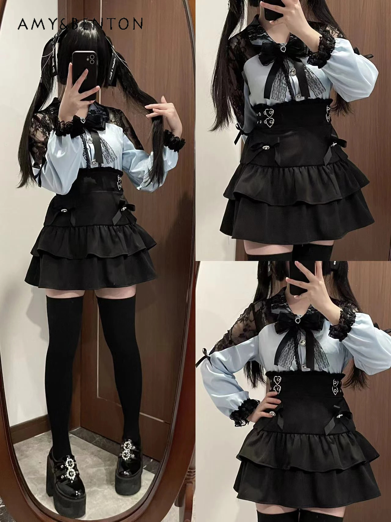 Mine Series Mass-produced Lolita Skirt Sets Summer Japanese Sweet Lace Bow Long-sleeved Shirt Slim Mini Skirt Two-piece Set